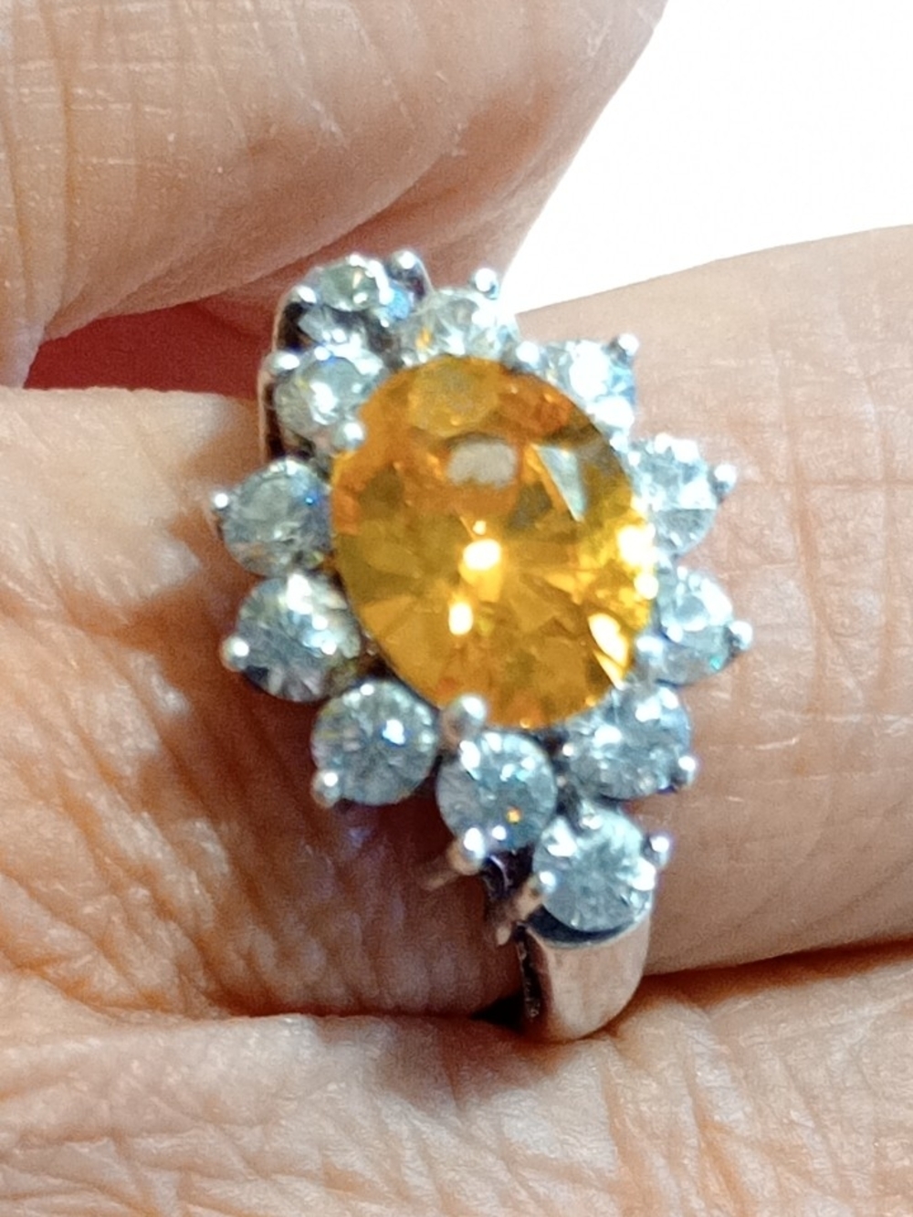 Vintage Sterling Citrine Color Gemstone Halo Ring - Vintage